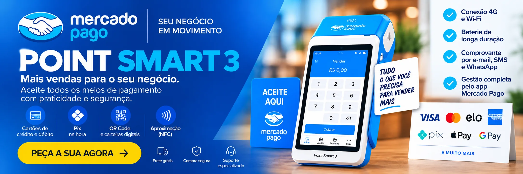 Mercado Pago — Point Smart 3, aceite todos os meios de pagamento com praticidade e segurança