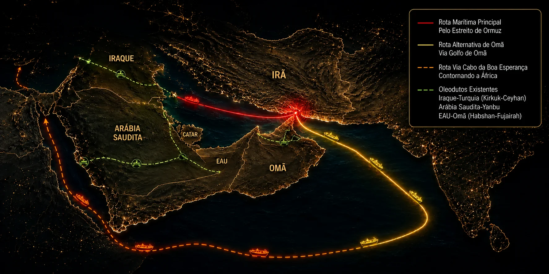 Mapa das rotas do petróleo no Golfo Pérsico: rota principal pelo Estreito de Ormuz, rota alternativa pela costa de Omã, rota pelo Cabo da Boa Esperança e oleodutos existentes