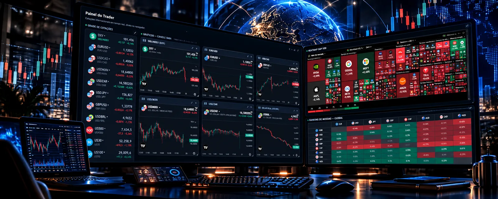 Painel do Trader: grade de cotações, gráficos internacionais, heatmap do S&P 500 e ranking de moedas em um só painel