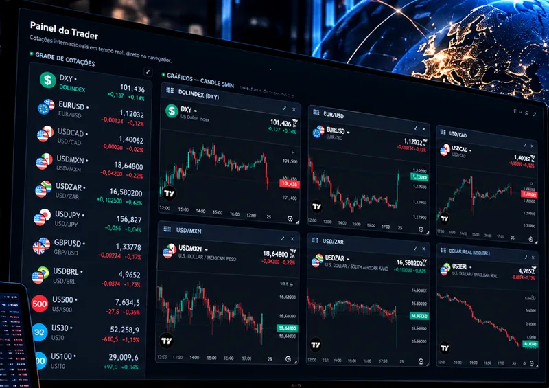 Painel do Trader: grade de cotações, gráficos internacionais, heatmap do S&P 500 e ranking de moedas em um só painel