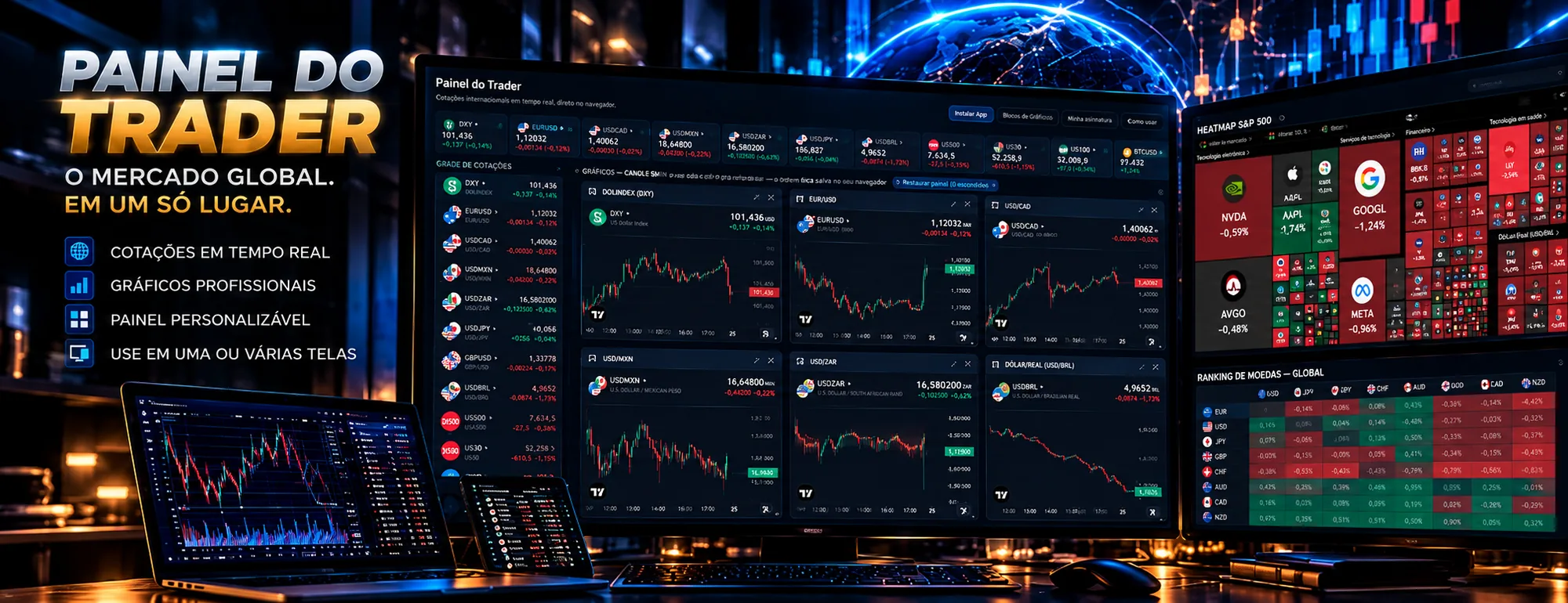 Painel do Trader: o mercado global em um só lugar. Cotações em tempo real, gráficos profissionais, painel personalizável, use em uma ou várias telas.